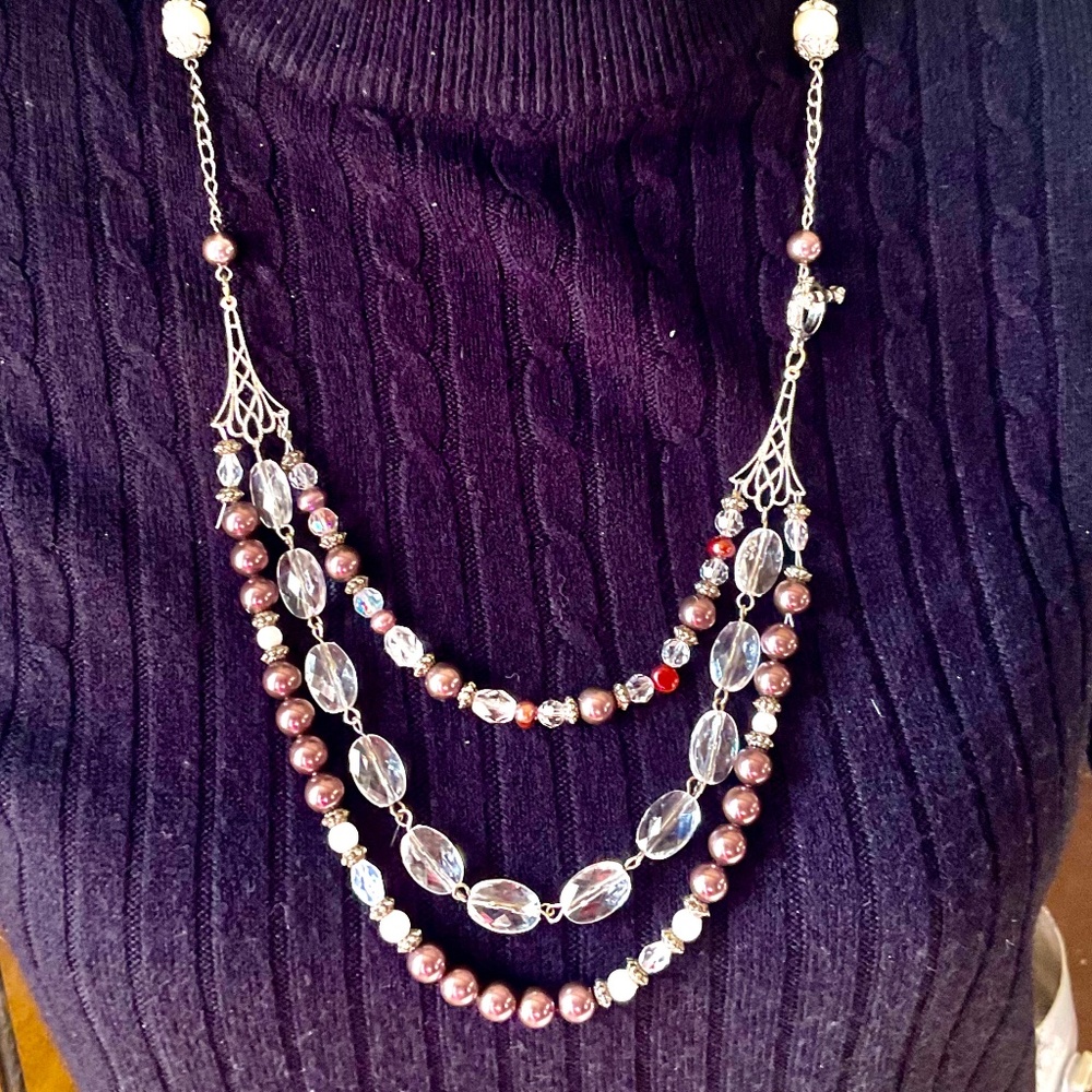 Antiqued Silver Triple Strand Pearl and Crystal Necklace